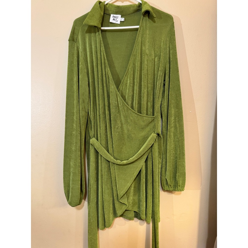 Princess Polly Green Slinky Wrap Mini Dress Long Sleeve Collared Size 10